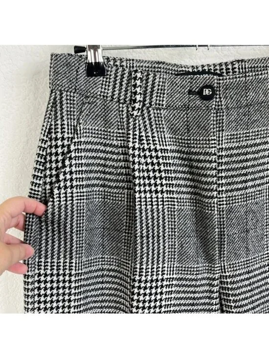 DOLCE & GABBANA Flared Glen Plaid Pants Wool Houndstooth Wide Leg Pants Logo D&G